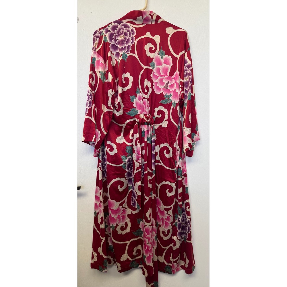 Natori Red Floral Peony Satin Wrap Robe Kimono Small Pink Purple Loungewear